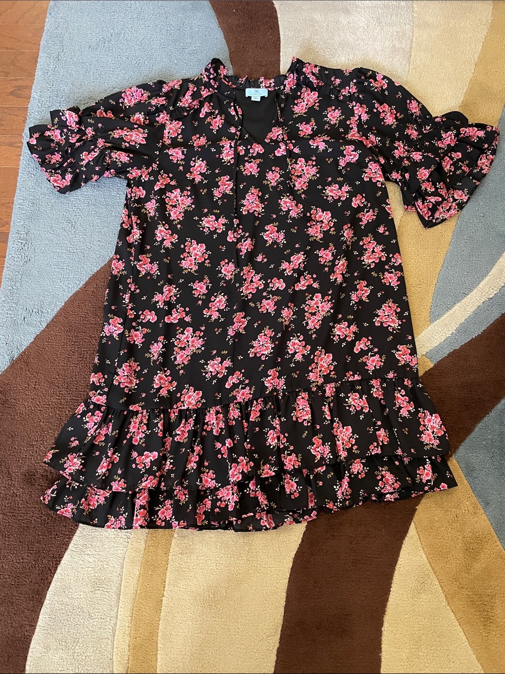 CeCe Black Dress with Pink Floral Ruffle Trim
